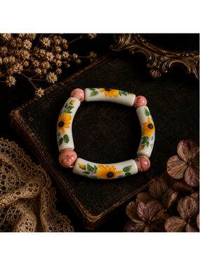 Vintage Hand Painted Ceramic Floral Stretch Bracelet